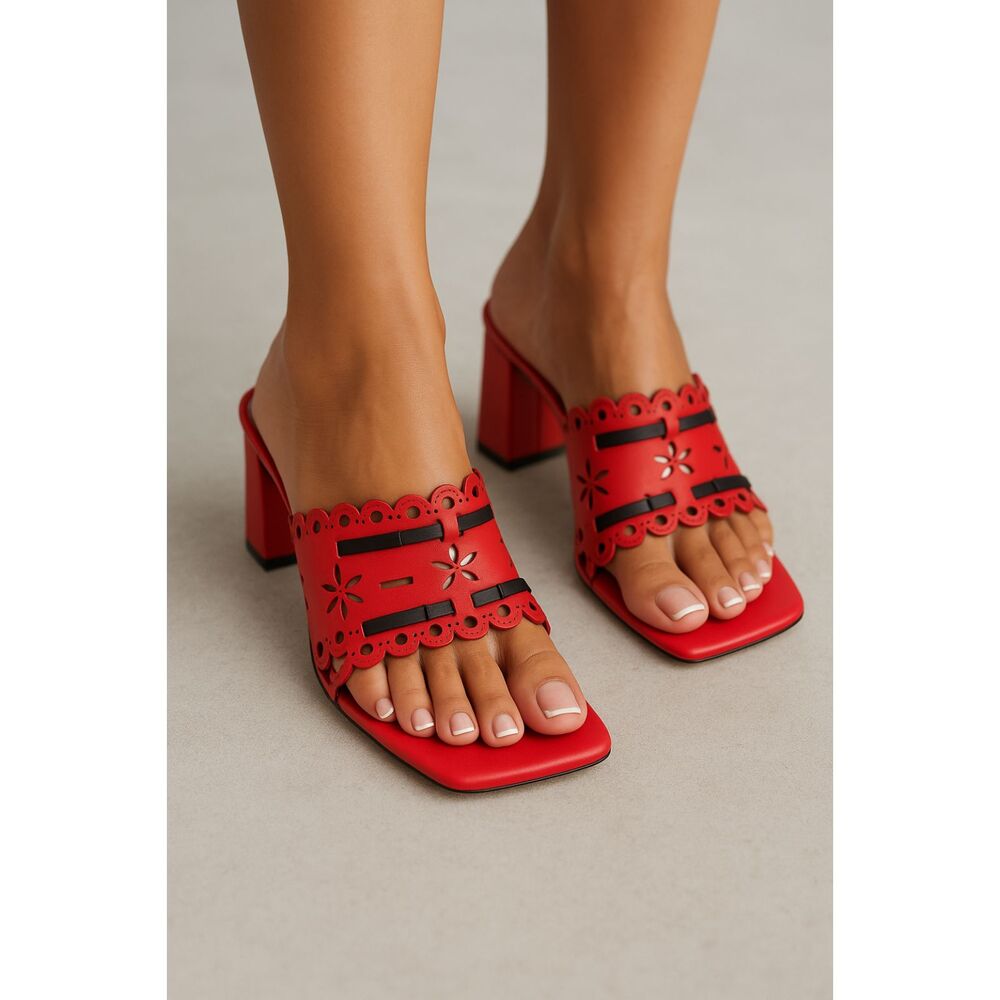 Carlkerida Red Cutout Filigree Block Heel Sandals with Black Bows – Size 8.5 NIB
